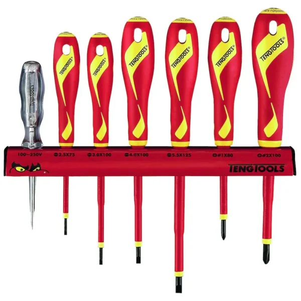 Teng Tools 7 Piece 1000 Volt Insulated Mixed Slotted/Flat, Phillips (PH) & Voltage Tester Screwdriver Wall Rack – WRM...