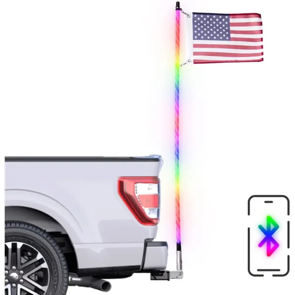 Master Tailgaters 5′ LED Truck Flag Pole Whip with Bluetooth Smartphone App Control – Includes 2″ Hitch Mount – Water...
