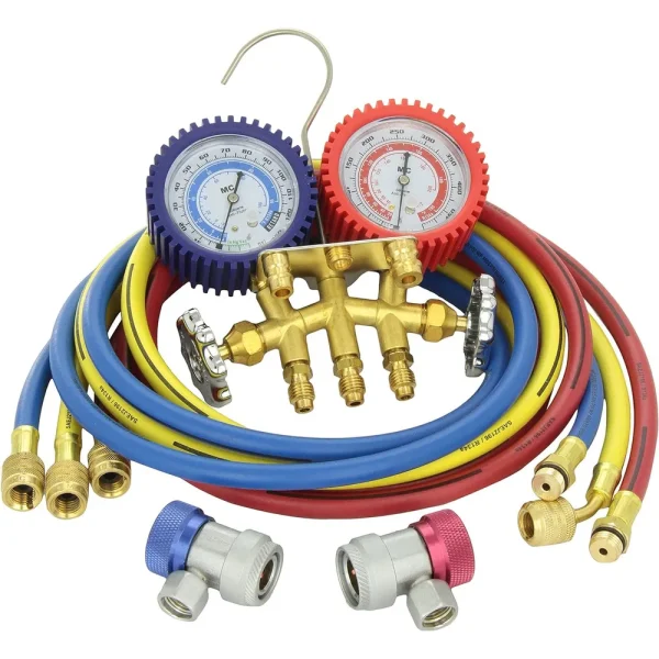 Mastercool 84772-G Brass R134A 2 Way Manifold Gauge Set with 72″ Hoses