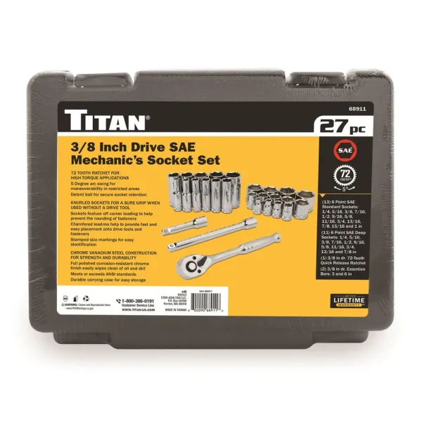 Titan Tools 68911 27 pc. 3/8 in. Drive Mechanics SAE Socket Set