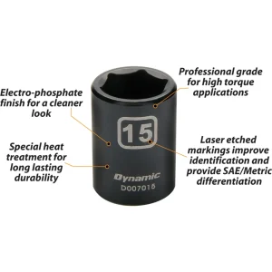 Dynamic Tools 3/8″ Drive 6 Point Metric, 15mm Standard Length, Impact Socket (D007015) - view 3