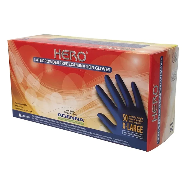 Adenna Hero 14 Mil Latex Powder Free Exam Gloves, Blue, XL (HER008)