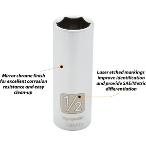 Dynamic Tools 1/4″ Drive 6 Point SAE, 1/2″ Deep Length, Chrome Finish Socket (D003516) - view 2