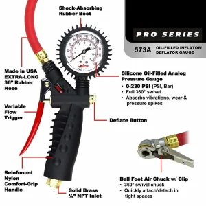 Milton 573A Pro Analog Tire Inflator/Pressure Pistol Grip Gauge, 36″ Hose 160PSI - view 3
