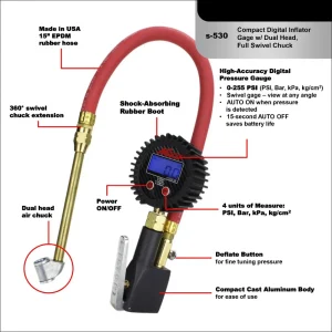 S-530 Compact Digital Tire Inflator with Pressure Gauge (255 PSI) – Air Chuck & 15″ Rubber Air hose  - view 3