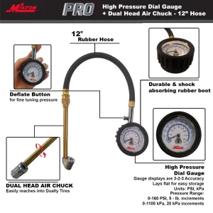 High Pressure Dial Tire Pressure Gauge – Dual Head Air Chuck, 12″ Hose - view 3
