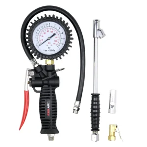 EXELAIR® 3-in-1 Pro Analog Pistol Grip Tire Inflator/Deflator Gauge Kit, 16″ Hose, Easy-Clip Chuck, Dual Foot Chuck, ...