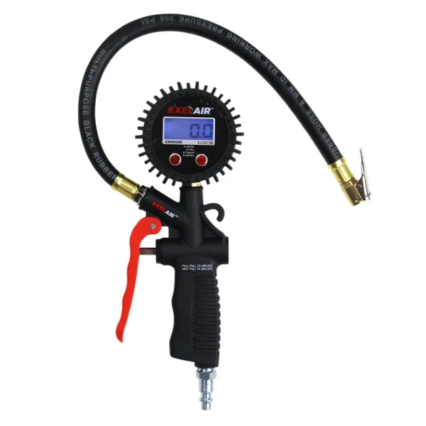 EXELAIR® Digital Pistol Grip Tire Inflator/Deflator Gauge, 16″ Air Hose and Easy-Clip Chuck
