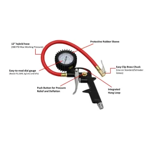 EXELAIR® Analog Pistol Grip Tire Inflator/Deflator Gauge, 13″ Air Hose and Easy-Clip Chuck - view 2