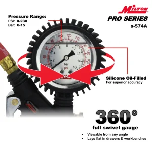 Pro Analog Tire Inflator/Pressure Pistol Grip Gauge, Straight Foot Chuck, 15″ Hose - view 4