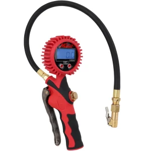 Heavy-Duty Digital Tire Inflator and Air Pressure Gauge, Clip-on Chuck, 1/4″ NPT, 20″ Rubber Hose, 0-255 PSI