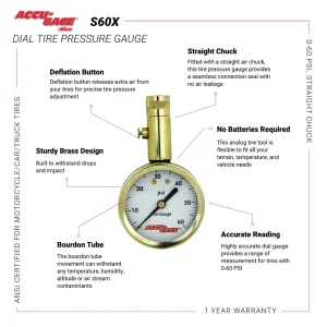 ACCU-GAGE® by Milton® Dial Tire Pressure Gauge with Straight Air Chuck – ANSI Certified for Motorcyc - view 4