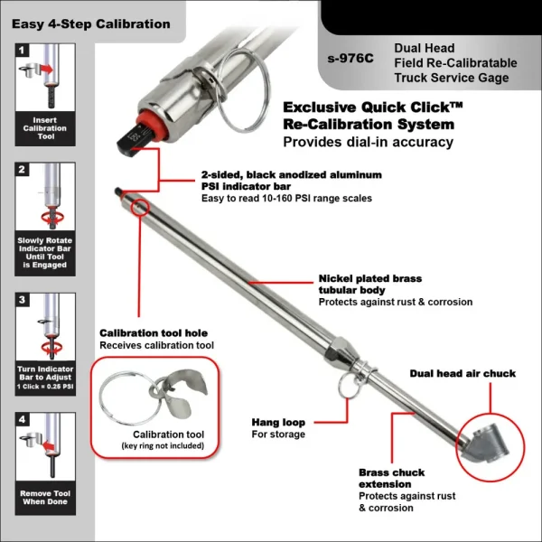 Re-Calibratable Tire Pressure Service Gauge, Dual Head Chuck, 10-160 PSI