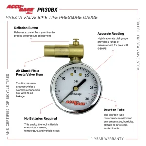 ACCU-GAGE® by Milton® Presta Valve Bike Tire Pressure Gauge with Bleeder Valve, for 0-30 PSI – ANSI Certified - view 4