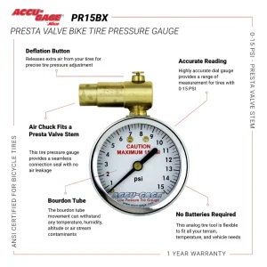 ACCU-GAGE® by Milton® Presta Valve Bike Tire Pressure Gauge with Bleeder Valve, for 0-15 PSI – ANSI Certified - view 4