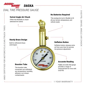 ACCU-GAGE® by Milton® Dial Tire Pressure Gauge with Swivel Angle Air Chuck – ANSI Certified for Moto - view 4