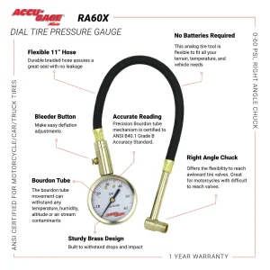 ACCU-GAGE® by Milton® Dial Tire Pressure Gauge w/ Right Angle Air Chuck and 11″ Braided Hose – ANSI  - view 4