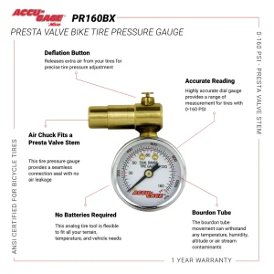 ACCU-GAGE® by Milton® Presta Valve Bike Tire Pressure Gauge with Bleeder Valve, for 0-160 PSI – ANSI Certified - view 4