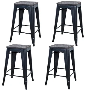 AmeriHome BS24SWTSET Rustic Gunmetal 24″ Metal Bar Stool w/ Wood Seat- 4 Piece