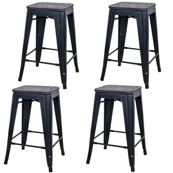 AmeriHome BS24SWTSET Rustic Gunmetal 24″ Metal Bar Stool w/ Wood Seat- 4 Piece