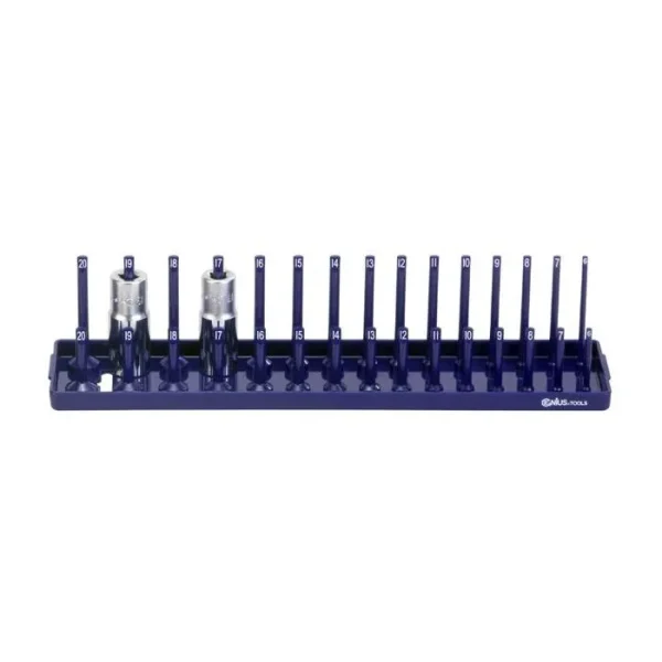 Genius Tools 3/8″ Dr. Metric Master Socket Organizer Tray Labeled and Holds sizes 6mm-20mm – 010330M