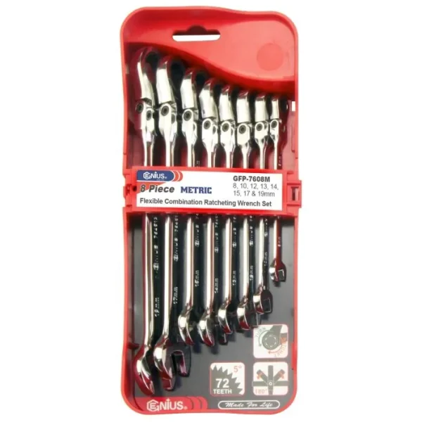 Genius Tools 8 Piece Metric Flex Head Combination Ratcheting Wrench Set – GFP-7608M