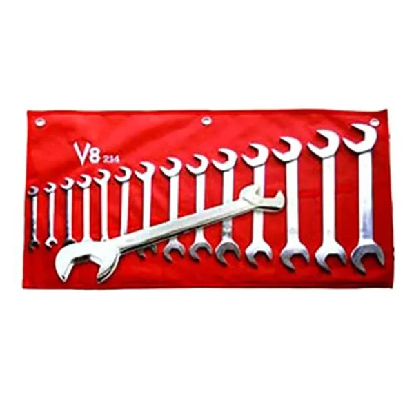 V8 Tools 214 Angle Head Wrench Set, 14 Piece, 3/8″-1-1/4″, 30 And 60 Degree Heads, Full Polish, In Canvas Pouch