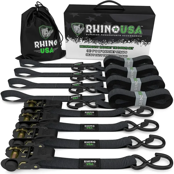 Rhino USA Medium Duty Ratchet Strap Tie-Down 4-Pack (Black) (GMG-R1-4PACK)