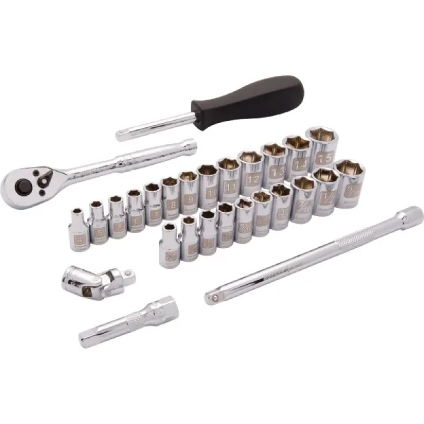 Dynamic Tools 1/4in. Drive 28 Piece 6 Point SAE/Metric Standard Socket Set 3/16in. – 9/16in. 4mm – 1