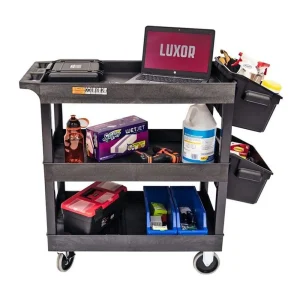 Luxor Workspaces 32″X18″ Tub Cart, 3 Shelves W/ Outrigger Bins (EC111-B-OUTRIG)
