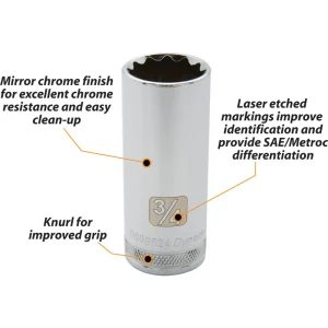 Dynamic Tools 3/8″ Drive 12 Point SAE, 15/16″ Deep Length, Chrome Finish Socket (D009630) - view 3