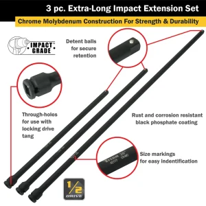 Titan Tools 3 pc. 1/2 in. Drive Extra-Long Impact Extension Set (42173) - view 3