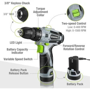 WORKPRO 12V Electric Cordless Drill Driver Kit 3/8″ Keyless Chuck, Charger and Storage Bag Included - view 3