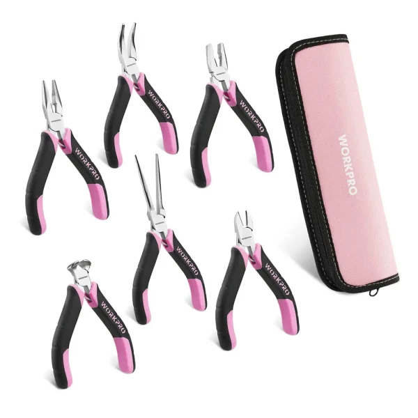 WORKPRO 6 Pcs Mini Pliers Set with Pink Pouch – Pink Ribbon