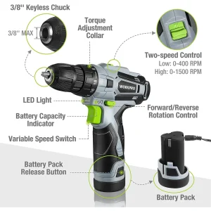 WORKPRO 61 Pcs 12V Cordless Drill and Home Tool Kit, 14-inch Storage Bag Included - view 2