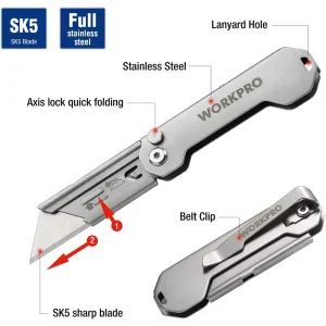 WORKPRO Quick Change Folding Pocket Utility Knife Mini Stainless Steel Folding Knife with Belt Clip - view 3