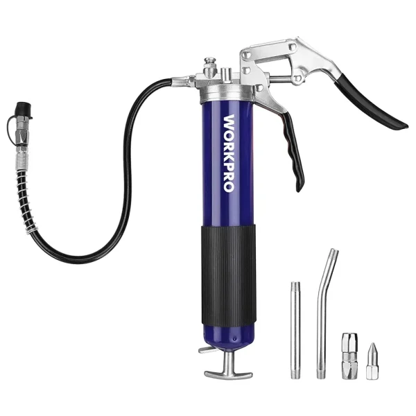 WORKPRO Pistol Grip Grease Gun Set, with 18inch Flexible Hose, 2 Fixed Tubes, 3 Nozzles Included, 14oz Load, 4000 PSI