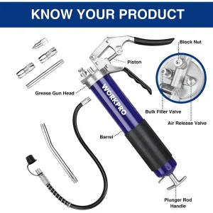 WORKPRO Pistol Grip Grease Gun Set, with 18inch Flexible Hose, 2 Fixed Tubes, 3 Nozzles Included, 14 - view 2