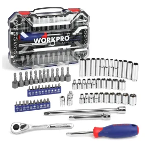 WORKPRO Socket Set, 70 Pcs 1/4″ Drive Socket Set with Quick-Release Ratchet, Metric and SAE