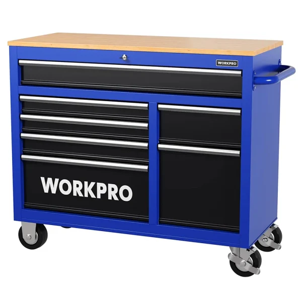 WORKPRO 42-Inch 7-Drawers Rolling Tool Chest with Wooden Top, Equipped with Casters, Handle, Drawer Liner, and Lockin...