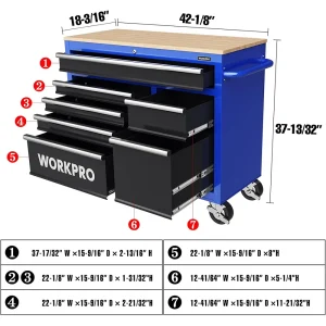 WORKPRO 42-Inch 7-Drawers Rolling Tool Chest with Wooden Top, Equipped with Casters, Handle, Drawer  - view 2
