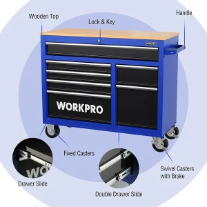 WORKPRO 42-Inch 7-Drawers Rolling Tool Chest with Wooden Top, Equipped with Casters, Handle, Drawer  - view 4