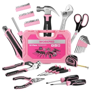WORKPRO 52 Pcs Pink Tool Set, Home Women’s Tool Set with Storage Tool Box, Basic Tool Set – Pink Ribbon