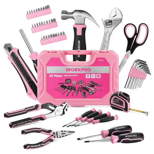 WORKPRO 52 Pcs Pink Tool Set, Home Women’s Tool Set with Storage Tool Box, Basic Tool Set – Pink Ribbon