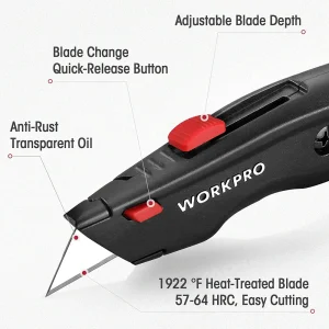 WORKPRO Premium Utility Knife, Retractable All Metal Heavy Duty Box Cutter, Quick Change Blade Razor - view 3