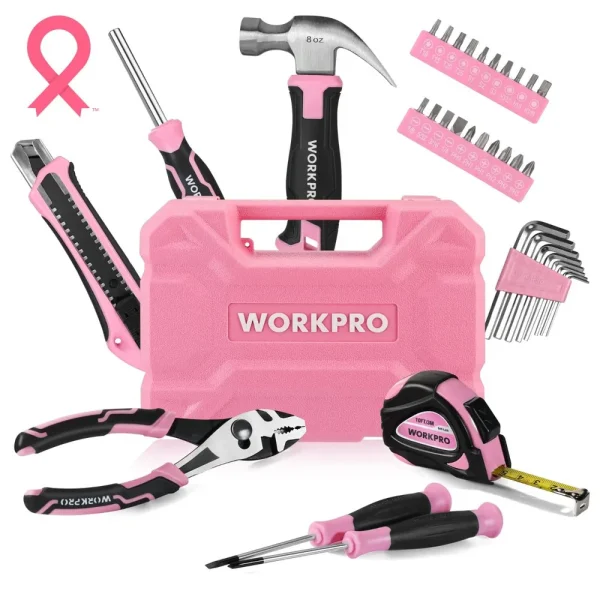 WORKPRO 35 Pcs Pink/Blue Household Tools Set with Storage Toolbox – Pink Ribbon