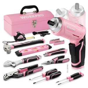 WORKPRO 75 Pcs Pink Tools Set, 3.7V Rotatable Cordless Screwdriver, and Household Tool Kit – Pink Ribbon