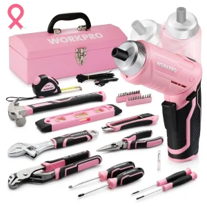 WORKPRO 75 Pcs Pink Tools Set, 3.7V Rotatable Cordless Screwdriver, and Household Tool Kit – Pink Ribbon - view 2
