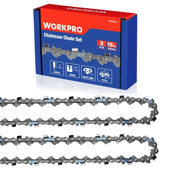 WORKPRO 2-Pack 18 Inch Chainsaw Chain, 3/8″Pitch, 62 Drive Links Wood Cutting Saw Chain for Chainsaw Parts