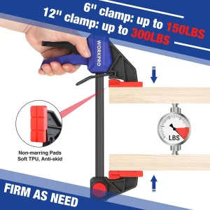 WORKPRO 6”/12” Bar Clamps for Woodworking, 150/300lbs CAP, 2PC 6” Light Duty & 2PC 12” Medium Duty - view 2
